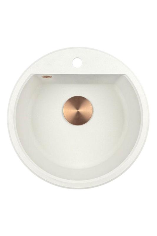 GraniteMy Bremen kulatý granitový dřez 43 cm bílý, nástavbový a vestavěný s otvorem pro vodovodní kohoutek s měděným zátkou 1208971222