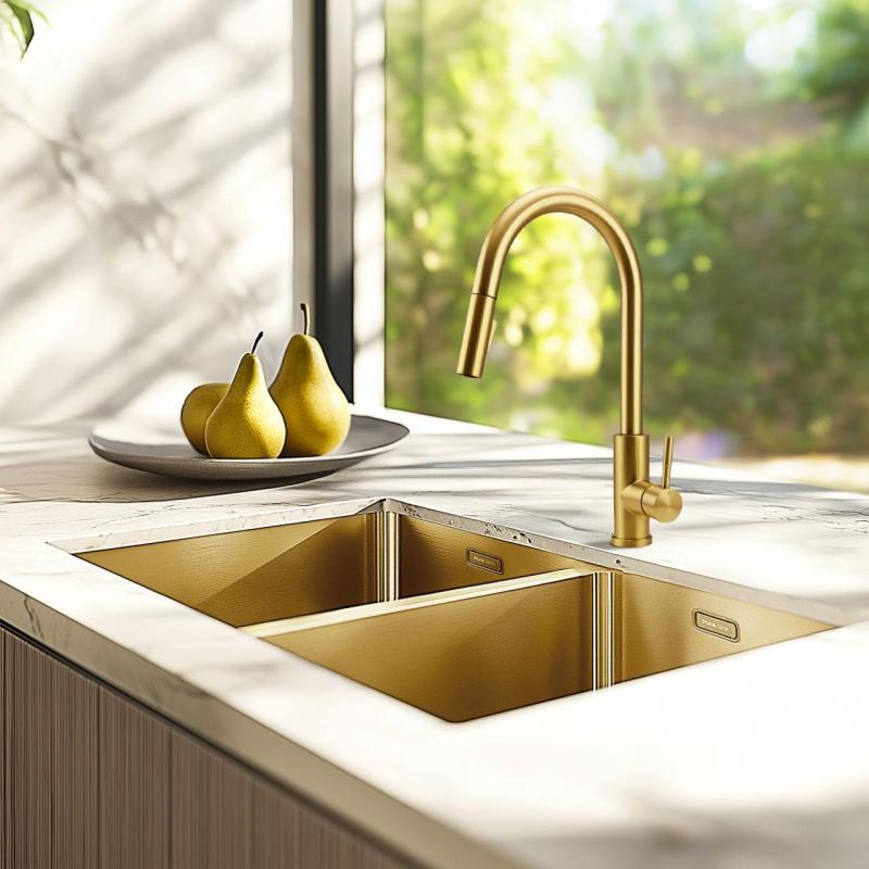 Pure.Sink Prestige Dvojitý zlatý dřez 70x40 cm 10mm rádius podskříňový, plochý a nástavbový PPG343440-60