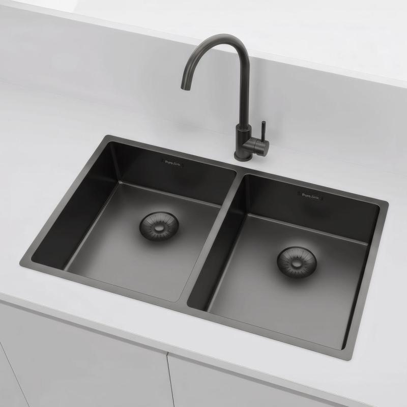 Pure.Sink Prestige Dvojitý Gun metal dřez 70x40 cm 10mm rádius podskříňový, plochý a nástavbový PPG343440-61