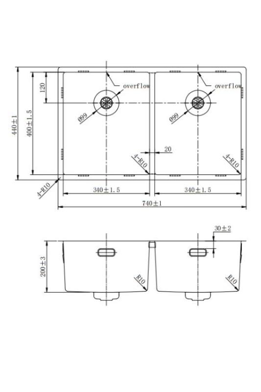 Pure.Sink Prestige Dvojitý Gun metal dřez 70x40 cm 10mm rádius podskříňový, plochý a nástavbový PPG343440-61