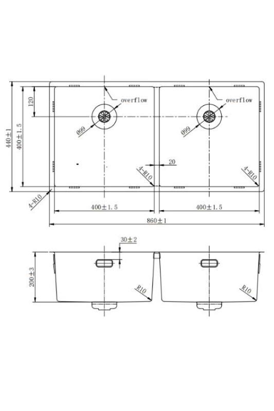 Pure.Sink Prestige Dvojitý zlatý dřez 82x40 cm 10mm poloměr podskříňový, plochý a nástavbový PPG404040-60