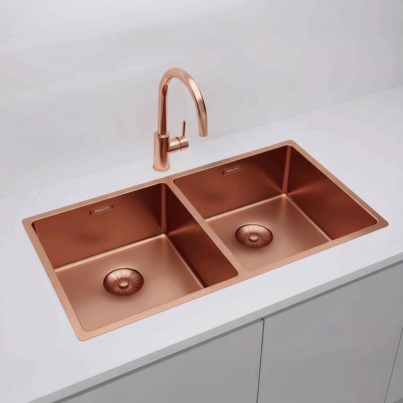 Pure.Sink Prestige Dvojitý měděný dřez 82x40 cm 10mm poloměr podskříňový, plochý a nástavbový PPG404040-62