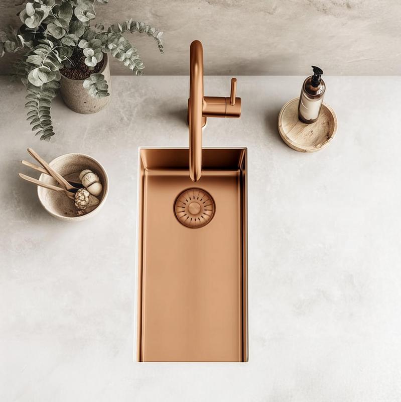 Pure.Sink Exclusivo malý měděný dřez 18x40 cm 10mm rádius podstavba, rovná konstrukce a nástavba PEX1840-62