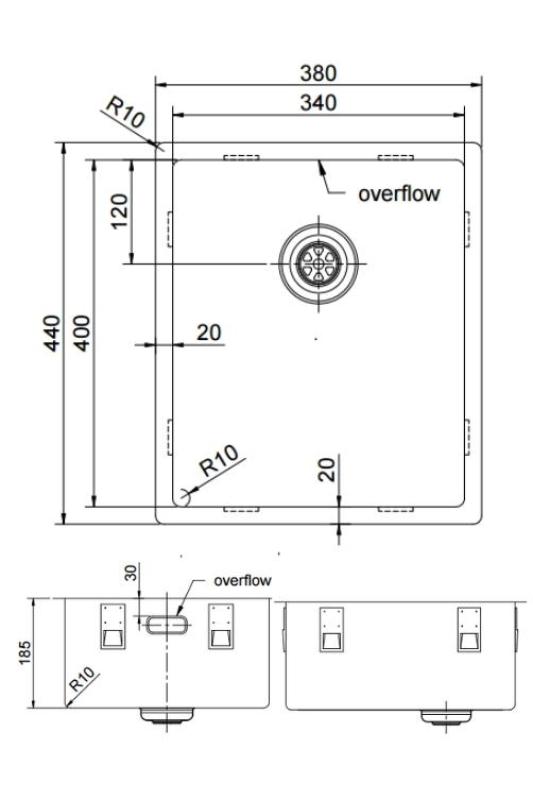 Pure.Sink Exclusivo nerezový dřez 34x40 cm s poloměrem 10mm pro podstavbu, rovnou stavbu a nástavbu PEX3440-02
