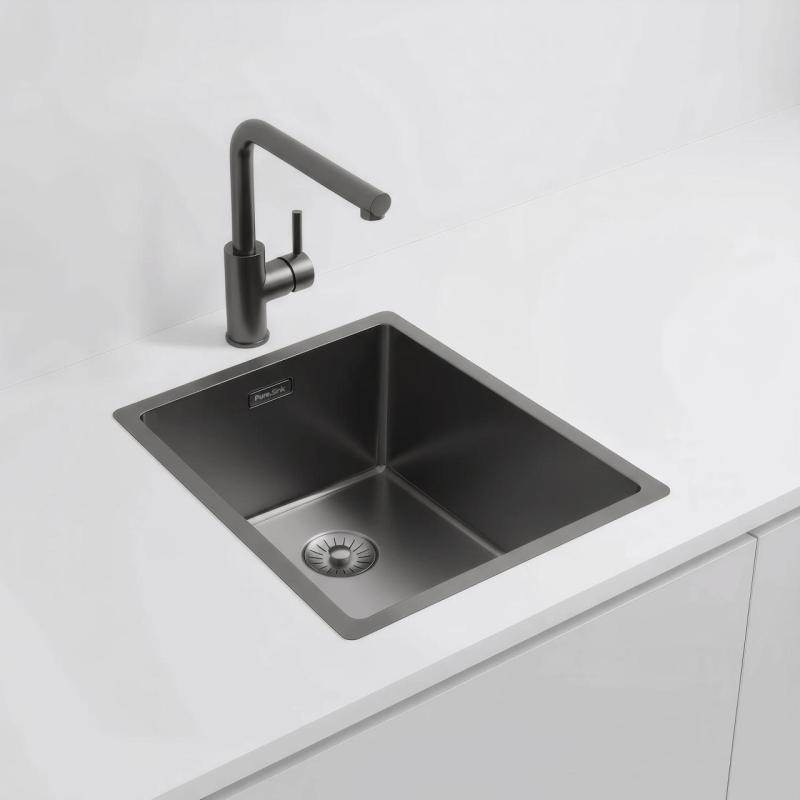 Pure.Sink Exclusivo Gun metal dřez 34x40 cm 10mm rádius podstavba, rovná konstrukce a nástavba PEX3440-61