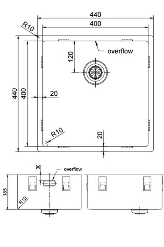 Pure.Sink Exclusivo Měděný dřez 40x40 cm 10mm rádius podstavba, rovná konstrukce a nástavba PEX4040-62