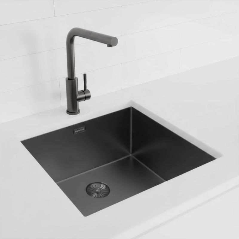 Pure.Sink Exclusivo Gun metal dřez 45x40 cm 10mm rádius podskříňový, rovný a nástavbový PEX4540-61