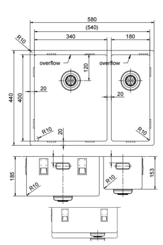 Pure.Sink Exclusivo Gun Metal 1,5 jedno a půl dřezu 34+18 cm 10mm rádius PEX341840-61