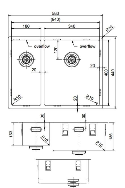Pure.Sink Exclusivo Měděný 1,5 jedno a půl dřezu 18+34cm 10mm rádius PEX183440-62