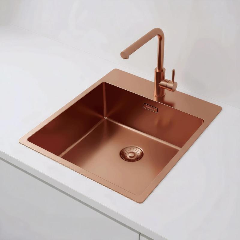 Pure.Sink Exclusivo Měděný dřez 44x52 cm Tapwing s dírou pro kohoutek, rádius 10mm PEX4040T-62