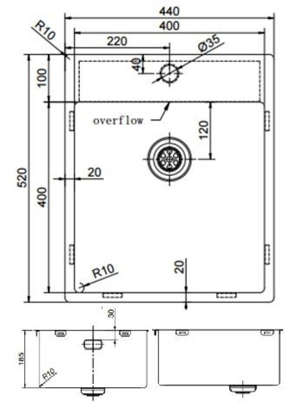 Pure.Sink Exclusivo Měděný dřez 44x52 cm Tapwing s dírou pro kohoutek, rádius 10mm PEX4040T-62