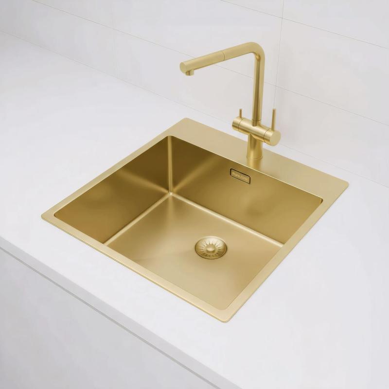 Pure.Sink Exclusivo Zlatý dřez 49x52 cm Tapwing s otvorem pro kohoutek 10mm rádius PEX4540T-60