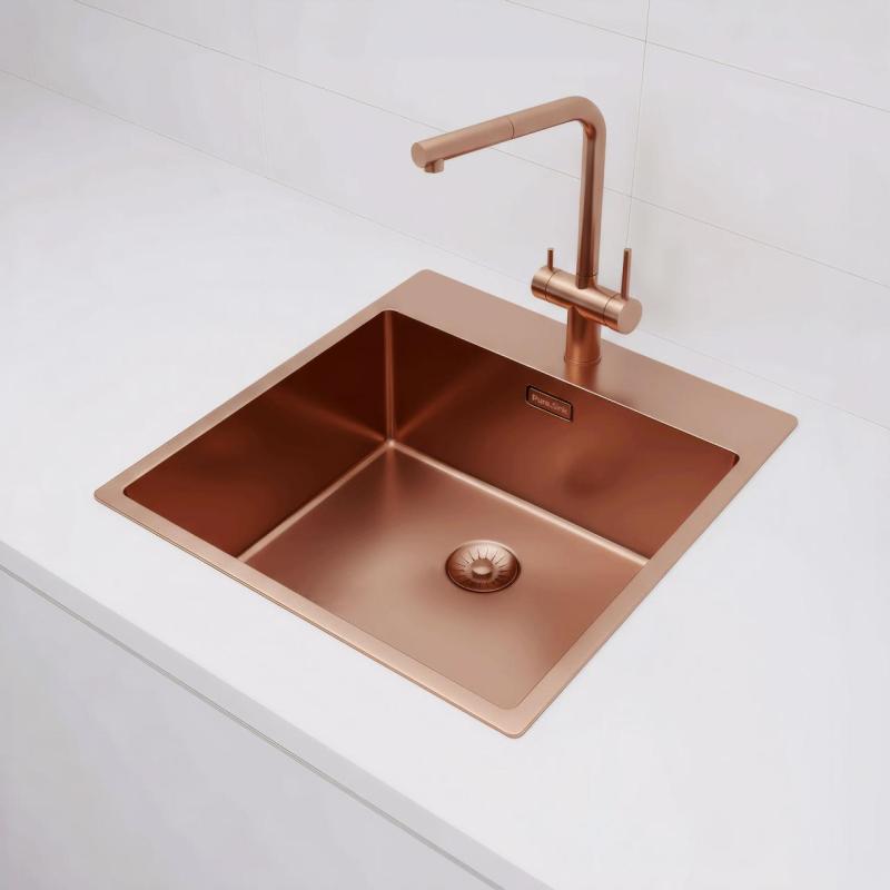 Pure.Sink Exclusivo Měděný dřez 49x52 cm Tapwing s otvorem pro kohoutek 10mm radius PEX4540T-62