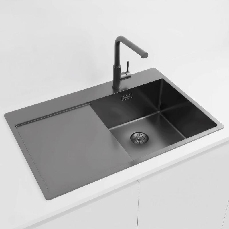 Pure.Sink Exclusivo Gun Metal dřez s odkapávací částí 78x52 cm Tapwing vpravo PEX4078RT-61