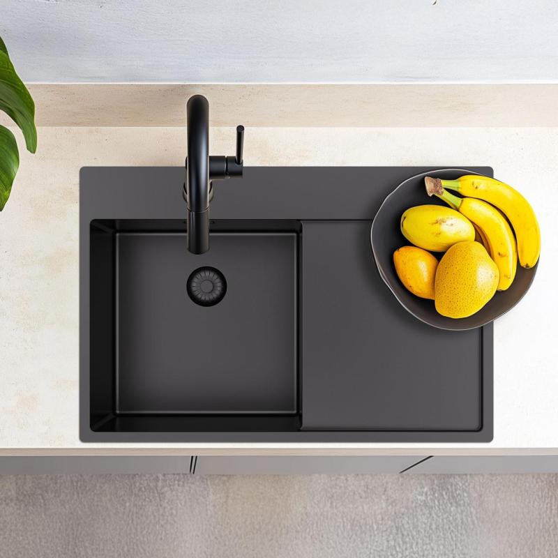 Pure.Sink Exclusivo Gun Metal dřez s odkapávací částí 78x52 cm Tapwing vpravo PEX4078RT-61