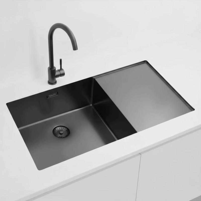 Pure.Sink Exclusivo Gun Metal dřez s odkapávací částí 86x52 cm Tapwing vlevo PEX5086LT-61