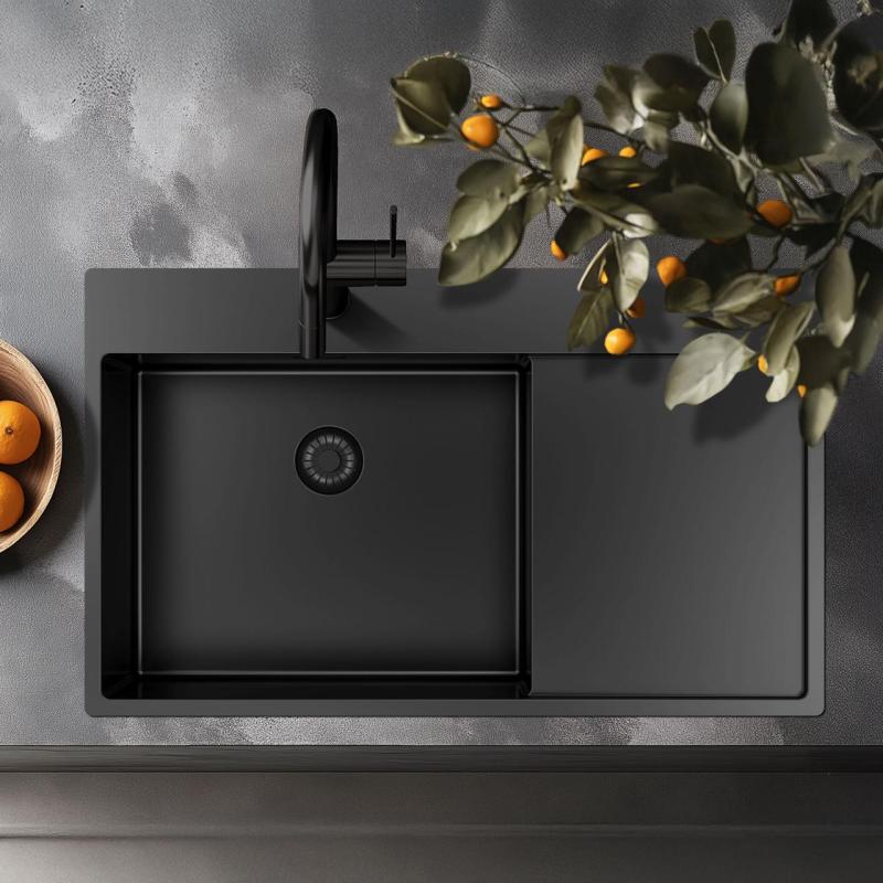 Pure.Sink Exclusivo Gun Metal dřez s odkapávací částí 86x52 cm Tapwing vpravo PEX5086RT-61