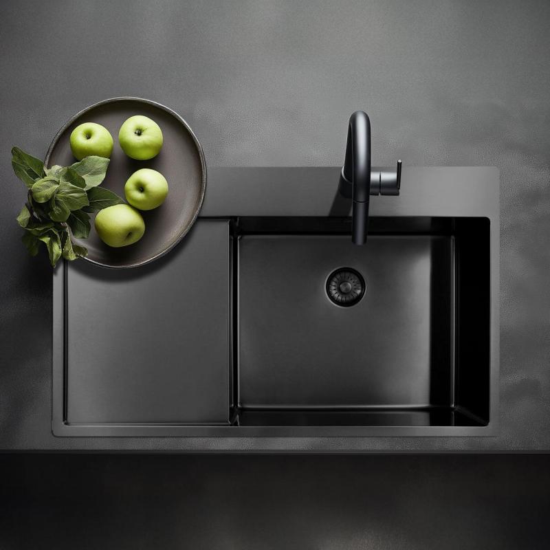 Pure.Sink Exclusivo Gun Metal dřez s odkapávací částí 86x52 cm Tapwing vpravo PEX5086RT-61