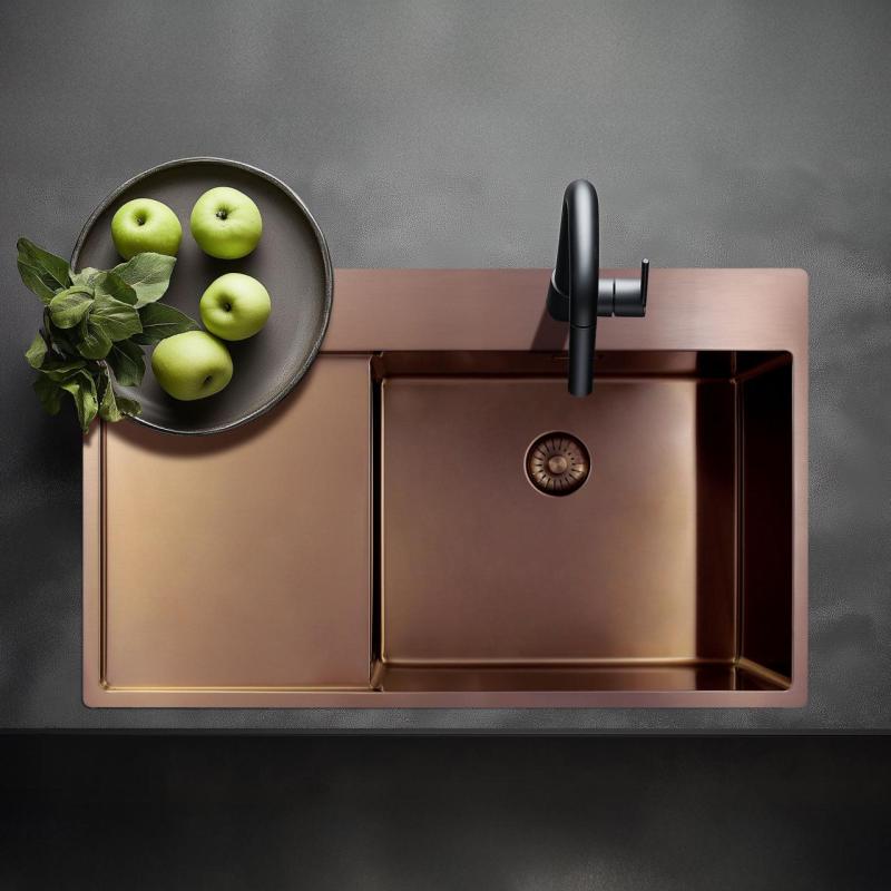 Pure.Sink Exclusivo Měděný dřez s odkapávací částí 86x52 cm Tapwing vpravo PEX5086RT-62