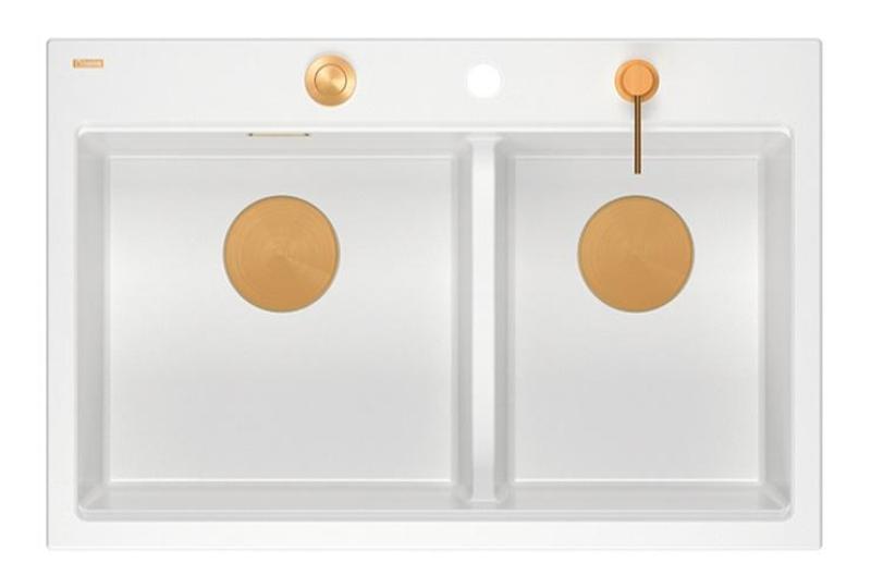 Quadri Hard Rock Dvojitý bílý granitový nástavbový dřez 76 x 50 cm s měděnou zátkou a příslušenstvím 1208971357