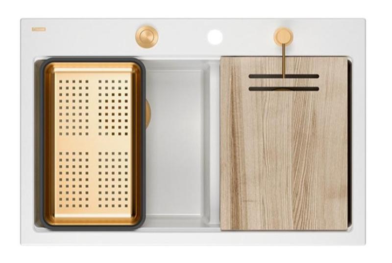 Quadri Hard Rock Dvojitý bílý granitový nástavbový dřez 76 x 50 cm s měděnou zátkou a příslušenstvím 1208971357