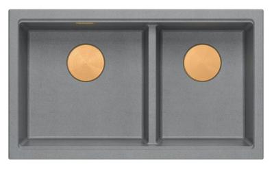 Quadri Newport II Dvojitý šedý granitový nástavbový dřez 76x45 cm s měděnou zástrčkou 1208971360