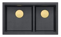 Quadri Newport II Dvojitý Antracitový Granitový Nadstavbový Dřez 76x45 cm s Zlatým uzávěrem 1208971364