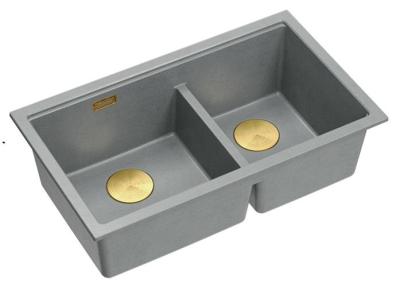 Quadri Newport II Dvojitý šedý granitový nástavný dřez 76x45 cm se zlatým uzávěrem 1208971365