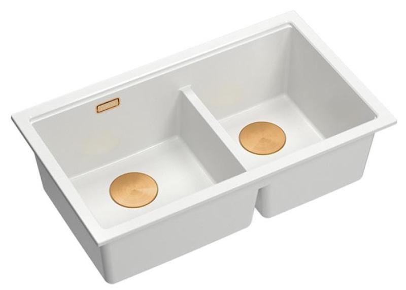 Quadri Newport II Dvojitý Bílý Granitový Vestavný Dřez 702 x 390 mm s Měděnou Zátkou 1208971373