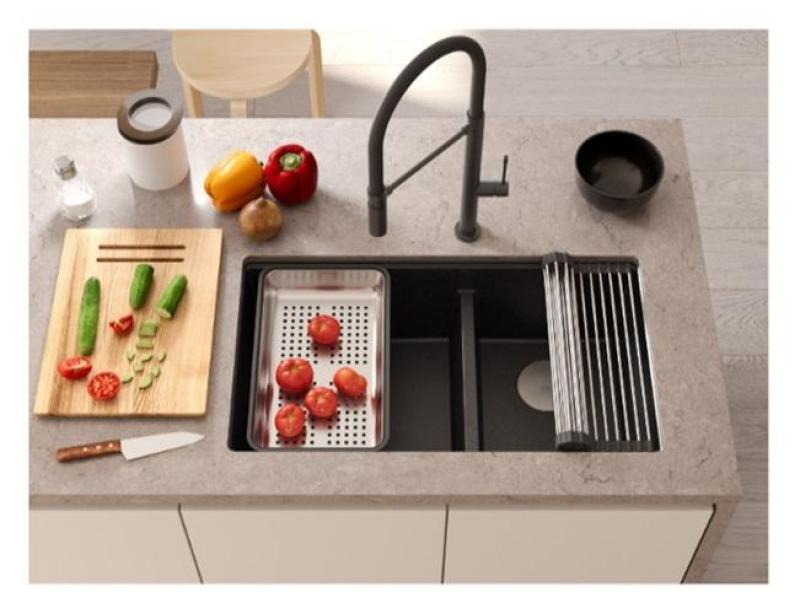 Quadri Newport II Dvojitý Bílý Granitový Vestavný Dřez 702 x 390 mm s Měděnou Zátkou 1208971373