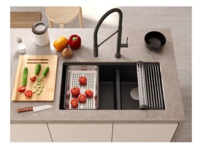Quadri Newport II Dvojitý šedý granitový podskříňový dřez 702 x 390 mm s měděnou zátkou 1208971375