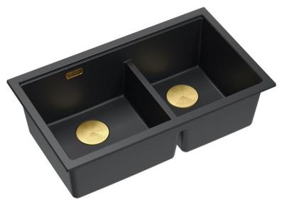 Quadri Newport II Dvojitý Černý Granitový Podstavcový Dřez 702 x 390 mm s Zlatým Uzavíracím Čepem 1208971381