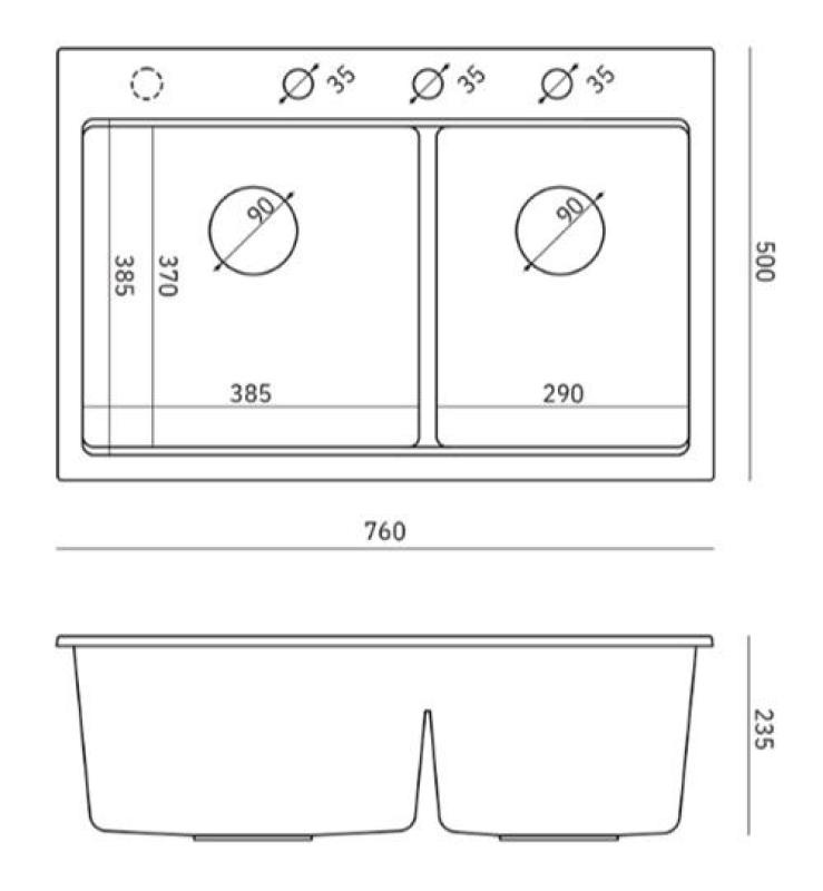 Quadri Hard Rock Dvojitý antracitový granitový nástavný dřez 76x50 cm s měděnou zástrčkou a příslušenstvím 1208971388
