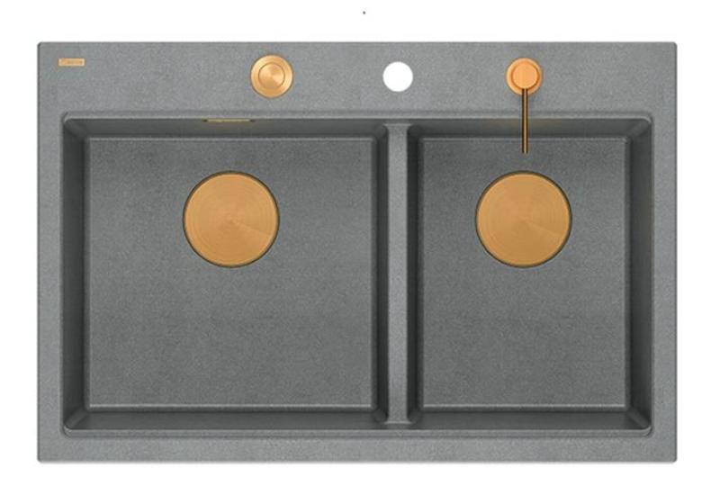Quadri Hard Rock Dvojitý šedý granitový nástavný dřez 76x50 cm s měděným uzávěrem a příslušenstvím 1208971389