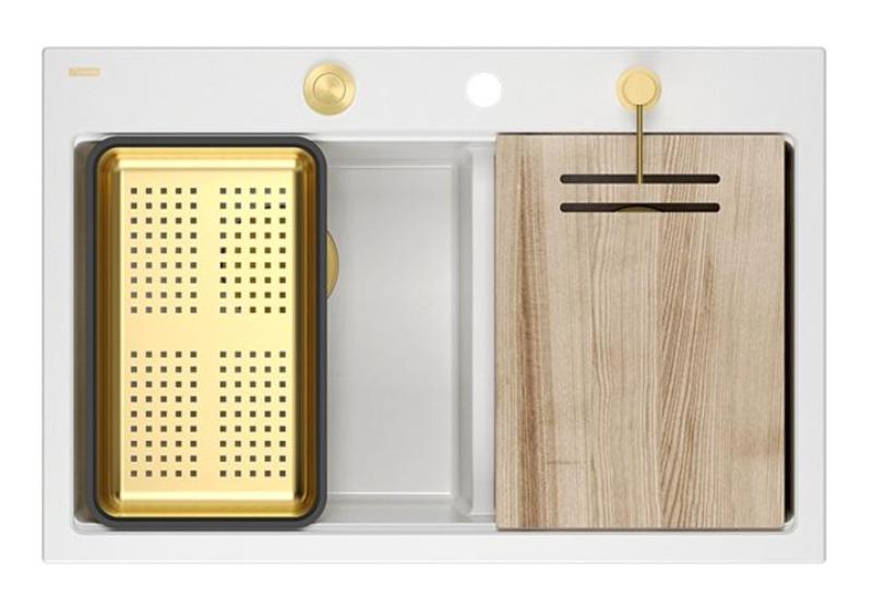 Quadri Hard Rock Dvojitý bílý granitový nástavbový dřez 76x50 cm s zlatou zástrčkou a příslušenstvím 1208971392