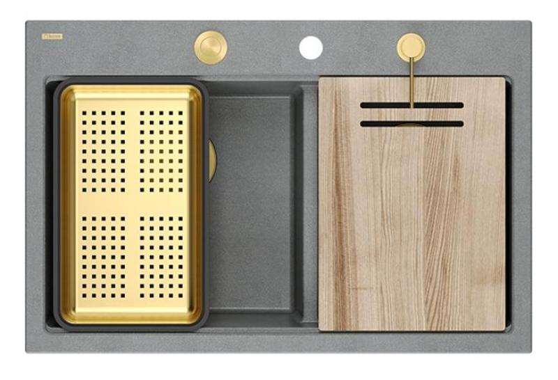 Čtvercový Hard Rock Dvojitý Šedý Granitový Nadstavbový Dřez 76x50 cm s Zlatou Zátkou a Příslušenstvím 1208971394