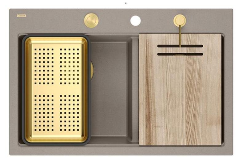 Čtvercový Hard Rock Dvojitý Taupe Granitový Výstavní Dřez 76x50 cm s Zlatou Zástrčkou a Příslušenstvím 1208971396