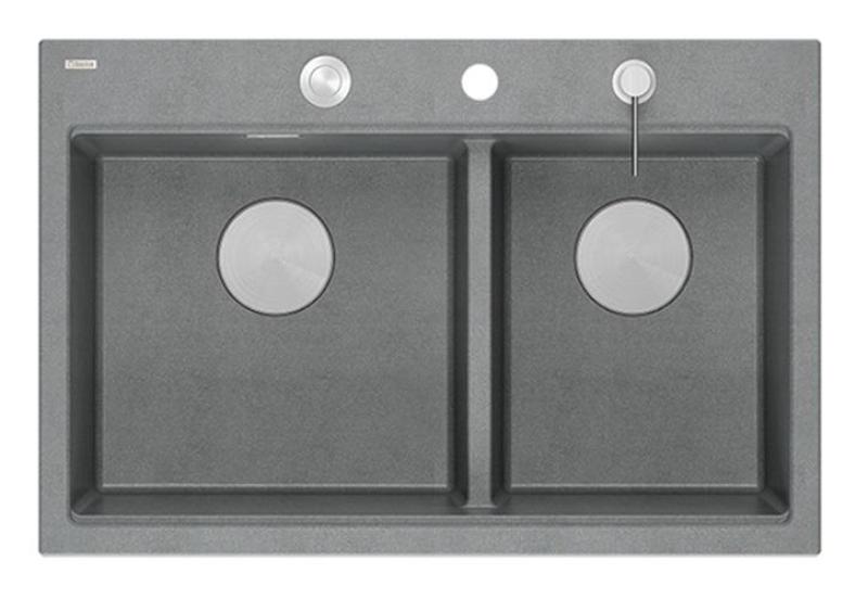 Quadri Hard Rock Dvojitý šedý granitový nástavný dřez 76x50 cm s nerezovou zástrčkou a příslušenstvím 1208971400