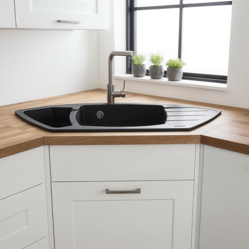 Graniteland Monte Granitový černý rohový dřez na povrch 901x538mm s nerezovou zástrčkou 1208971413