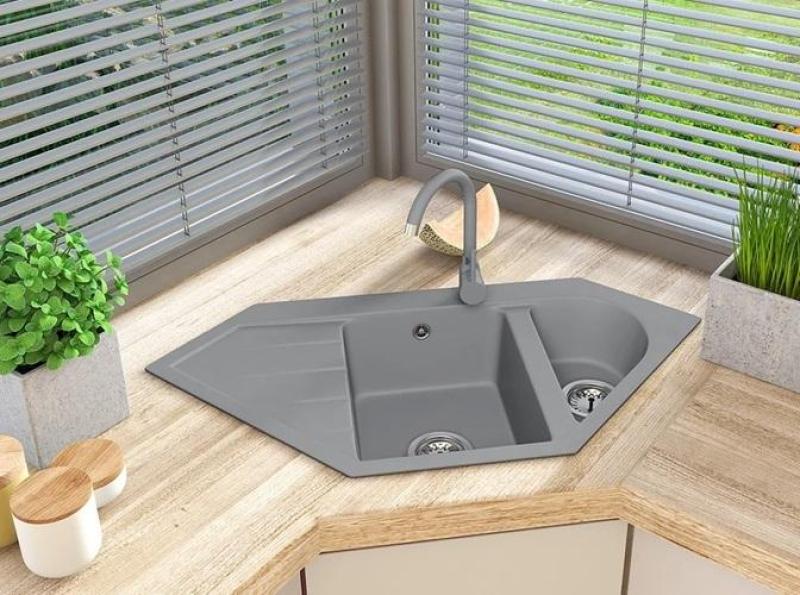 Graniteland Amiata Granitový šedý rohový dřez na montáž 965x496mm s nerezovou zástrčkou 1208971419