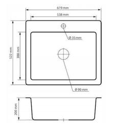 Graniteland Vastone Granitový dřez 619x522 mm Šedý Nástavba s vodovodním otvorem a nerezovou zátkou 1208971448