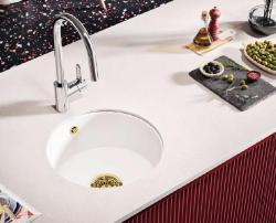 Ausmann Ceramic Ember Keramický Bílý Kulatý Dřez na Montáž a Podmontáž se Zlatou Zástrčkou 1208971461