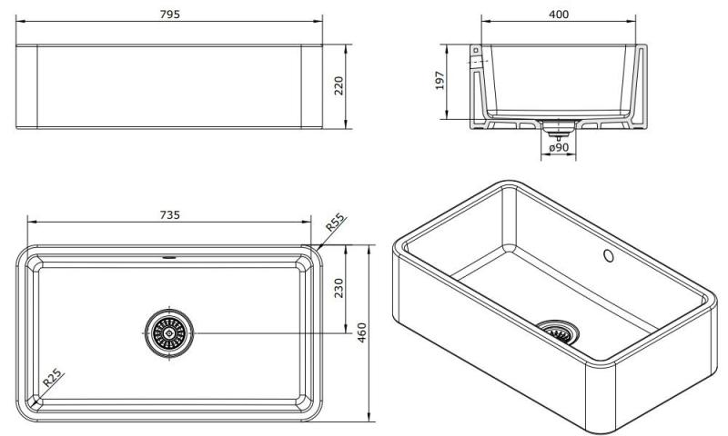 Ausmann Ceramic Mira Keramický Bílý Dřez - Podstavba a Mezistavba 795 x 460 mm s Gun metal zátkou 1208971468