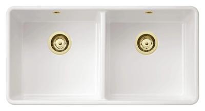Ausmann Ceramic Mira Keramický bílý dvojitý dřez - Podskříň a meziobvod 890 x 456 mm s zlatými zátkami 1208971471