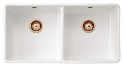 Ausmann Ceramic Mira Keramický Bílý Dvojitý Dřez - Vestavěný a Mezistavěný 890 x 456 mm s Měděnými Zátkami 1208971472