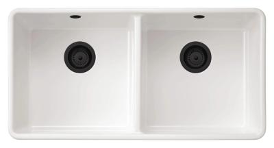 Ausmann Ceramic Mira Keramický bílý dvojitý dřez - Vestavěný a meziúrovňový 890 x 456 mm s černými zátkami 1208971474