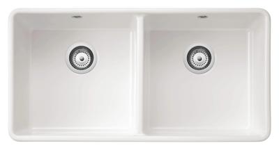 Ausmann Ceramic Mira Keramický bílý dvojitý dřez - Podstavba a mezipodstavba 890 x 456 mm s bílými zátkami 1208971475