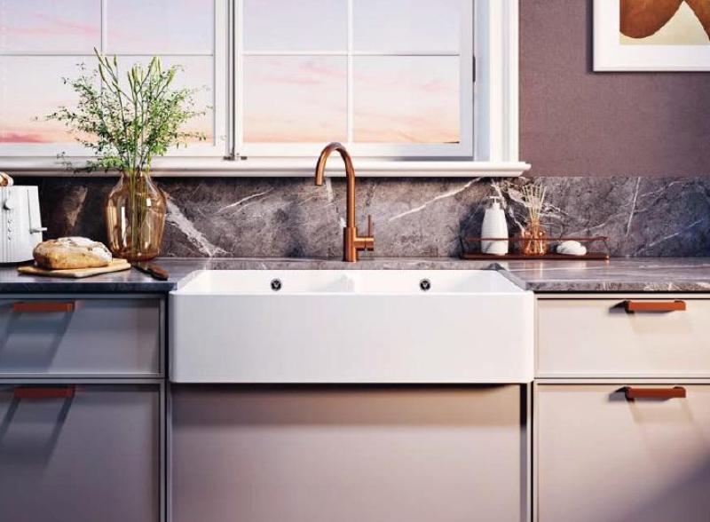 Ausmann Ceramic Mira Keramický bílý dvojitý dřez - Podstavba a mezipodstavba 890 x 456 mm s bílými zátkami 1208971475