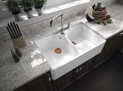 Ausmann Ceramic Mira Keramický bílý dvojitý dřez - Vestavěný a mezi vestavěný 793 x 450 mm s otvorem pro kohoutek a měděným zátkou 1208971477