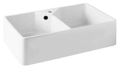 Ausmann Ceramic Mira Keramický bílý dvojitý dřez - Podstavba a meziúrovňová 793 x 450 mm s dírou pro kohoutek a černou zástrčkou 1208971479
